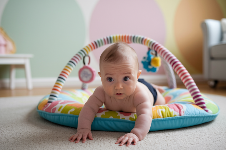 bebe-tapis-colore-essayant-rouler