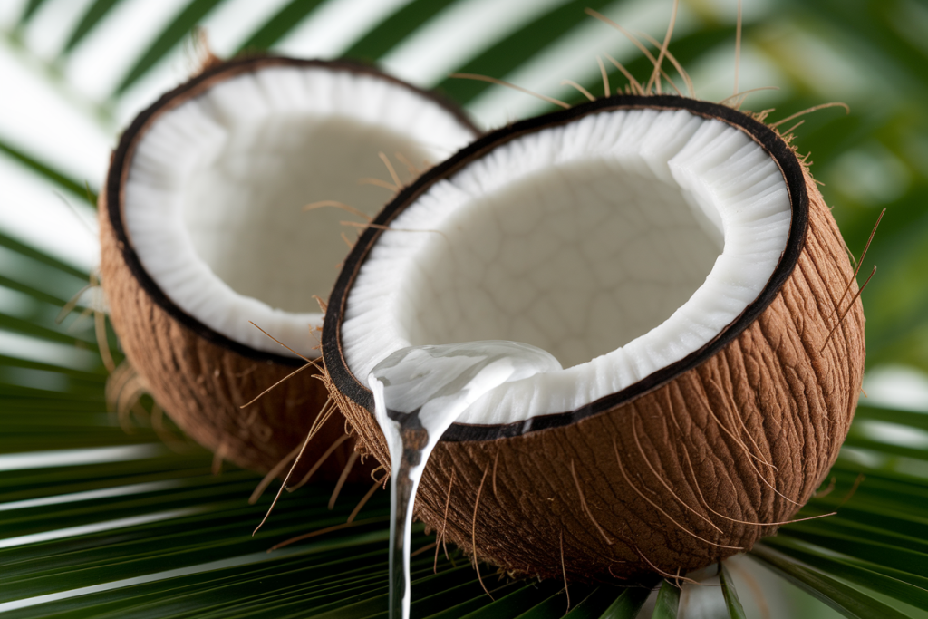 coco-ouverte-pulpe-eau-feuilles