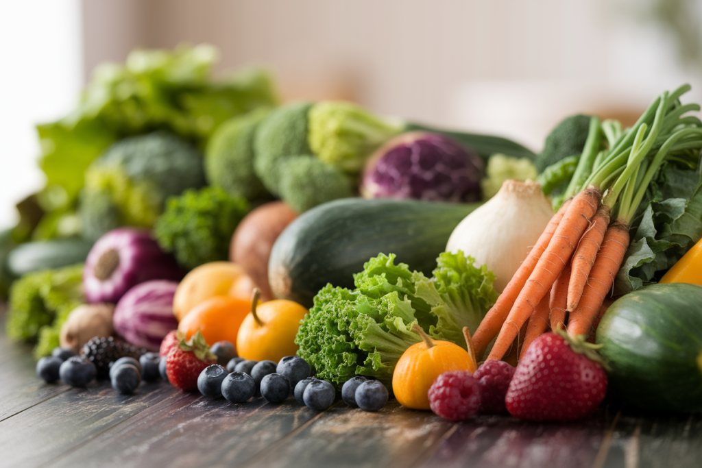 fruits-legumes-table-bois-colores