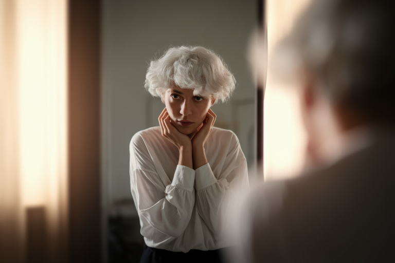 personne-contemplative-miroir-cheveux-blancs