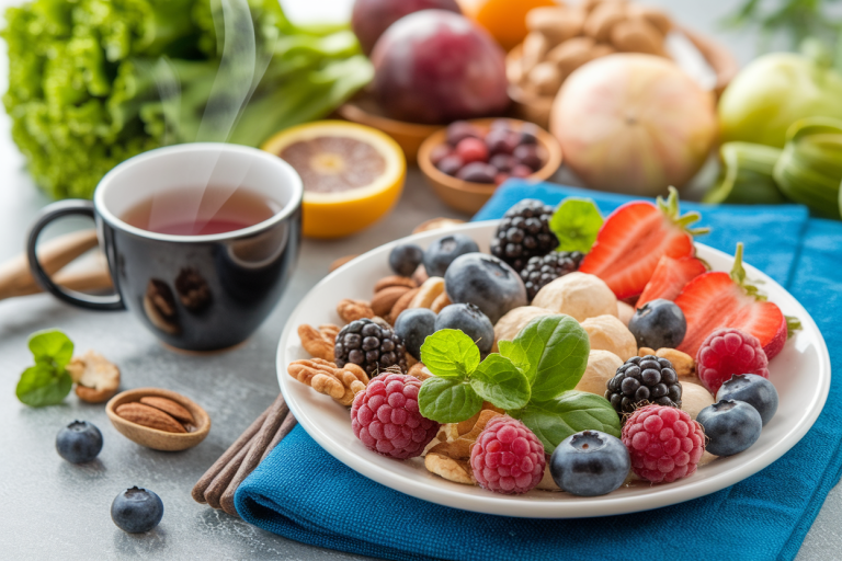 petit-dejeuner-baies-fraiches-feuilles-noix-the