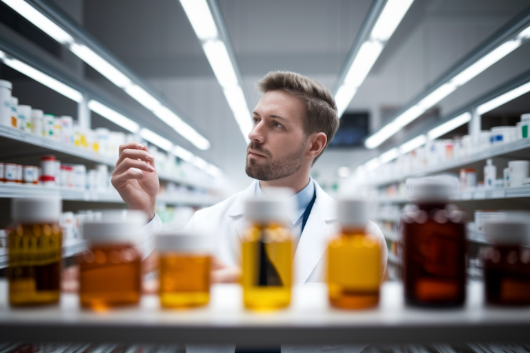 pharmacien-etageres-medicaments-concentre