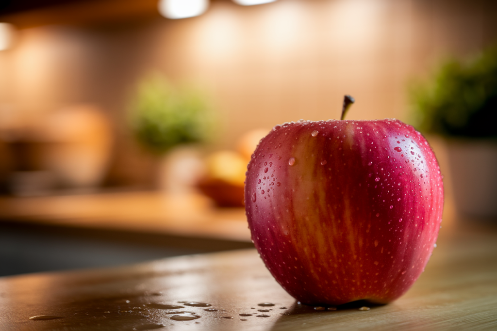 pomme-rouge-gouttes-planche-bois