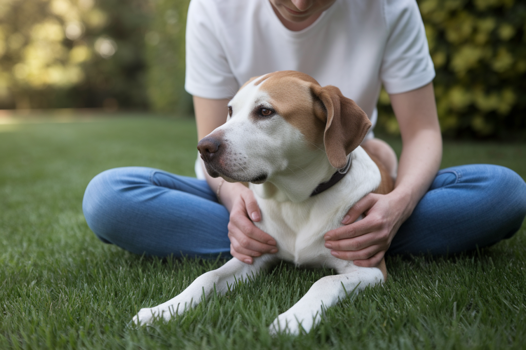 proprietaire-reconforte-chien-patte-enflee-jardin
