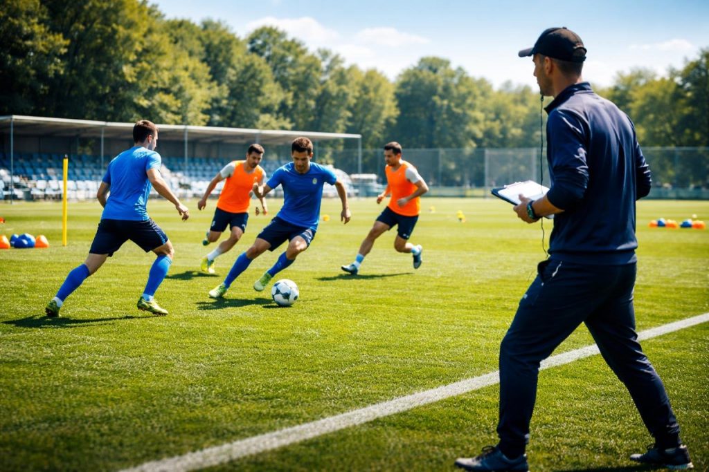 joueurs-football-terrain-coach-ciel-bleu