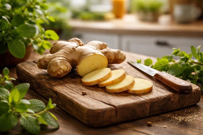 gingembre-tranche-planche-bois-plantes