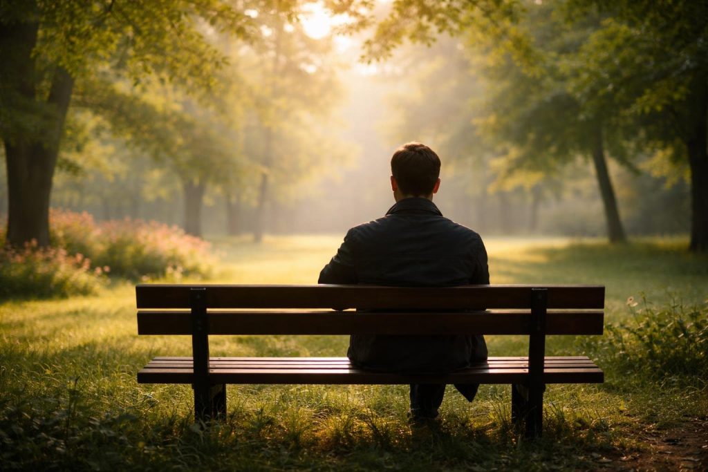 silhouette-homme-banc-parc-verdoyant