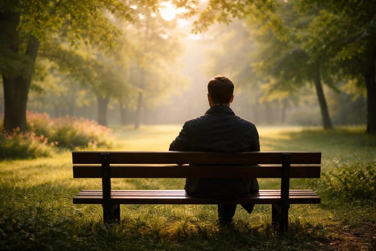 silhouette-homme-banc-parc-verdoyant