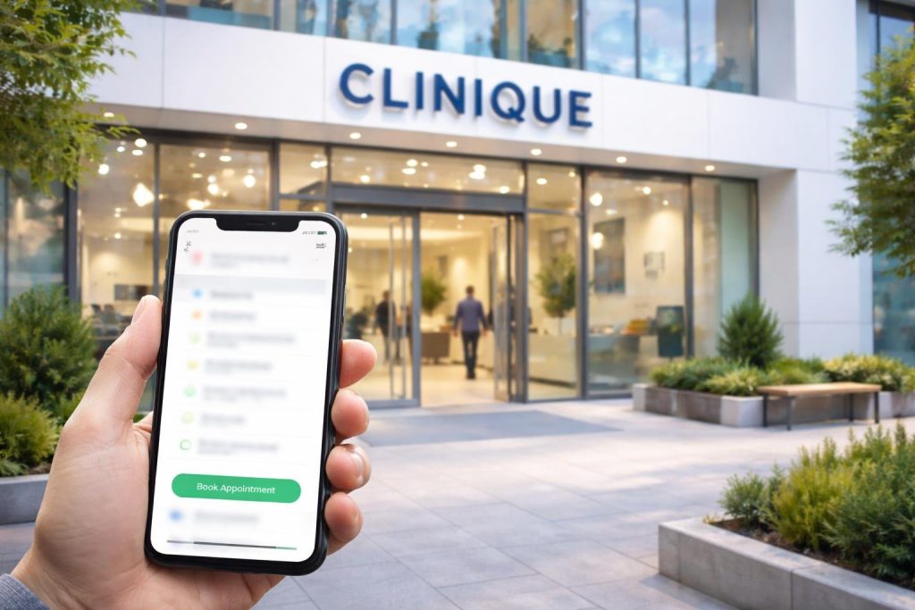 clinique-moderne-façade-personne-smartphone