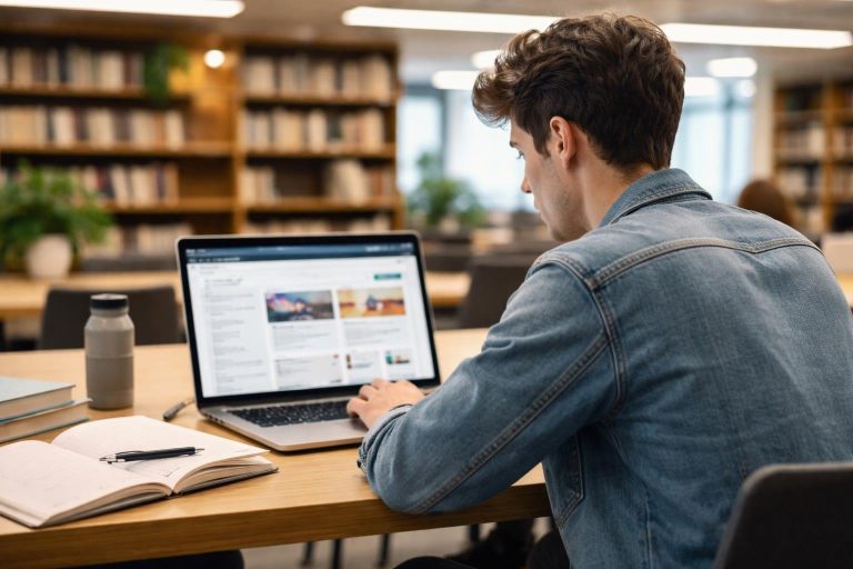 etudiant-table-bibliotheque-ordinateur-etageres