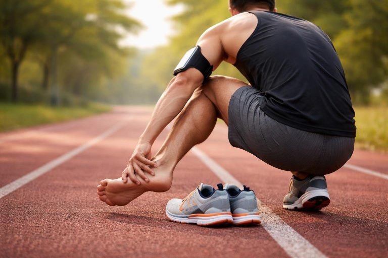 coureur-massage-piste-chaussures-verdure