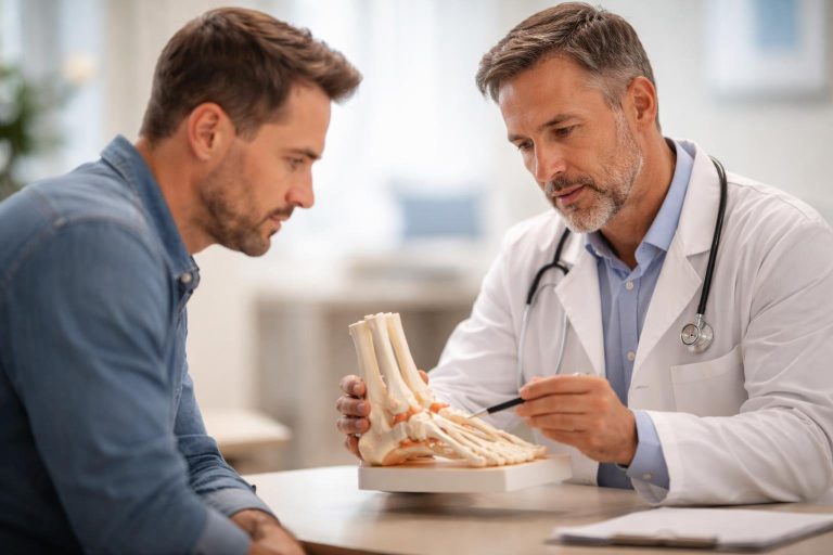 medecin-patient-maquette-pied-consultation