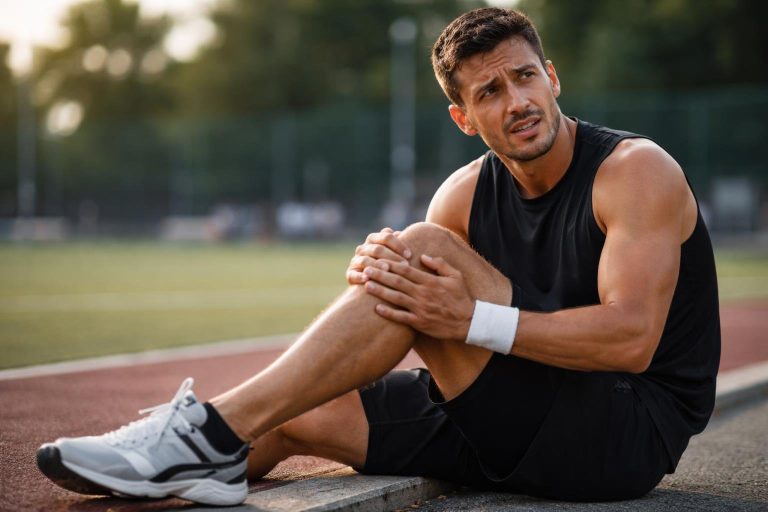 athlete-assis-terrain-sport-douleur